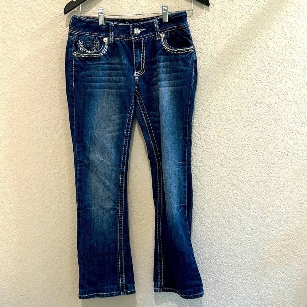 Amethyst Women's Blue bootcut Rhinestone Buckle Jeans Size 7